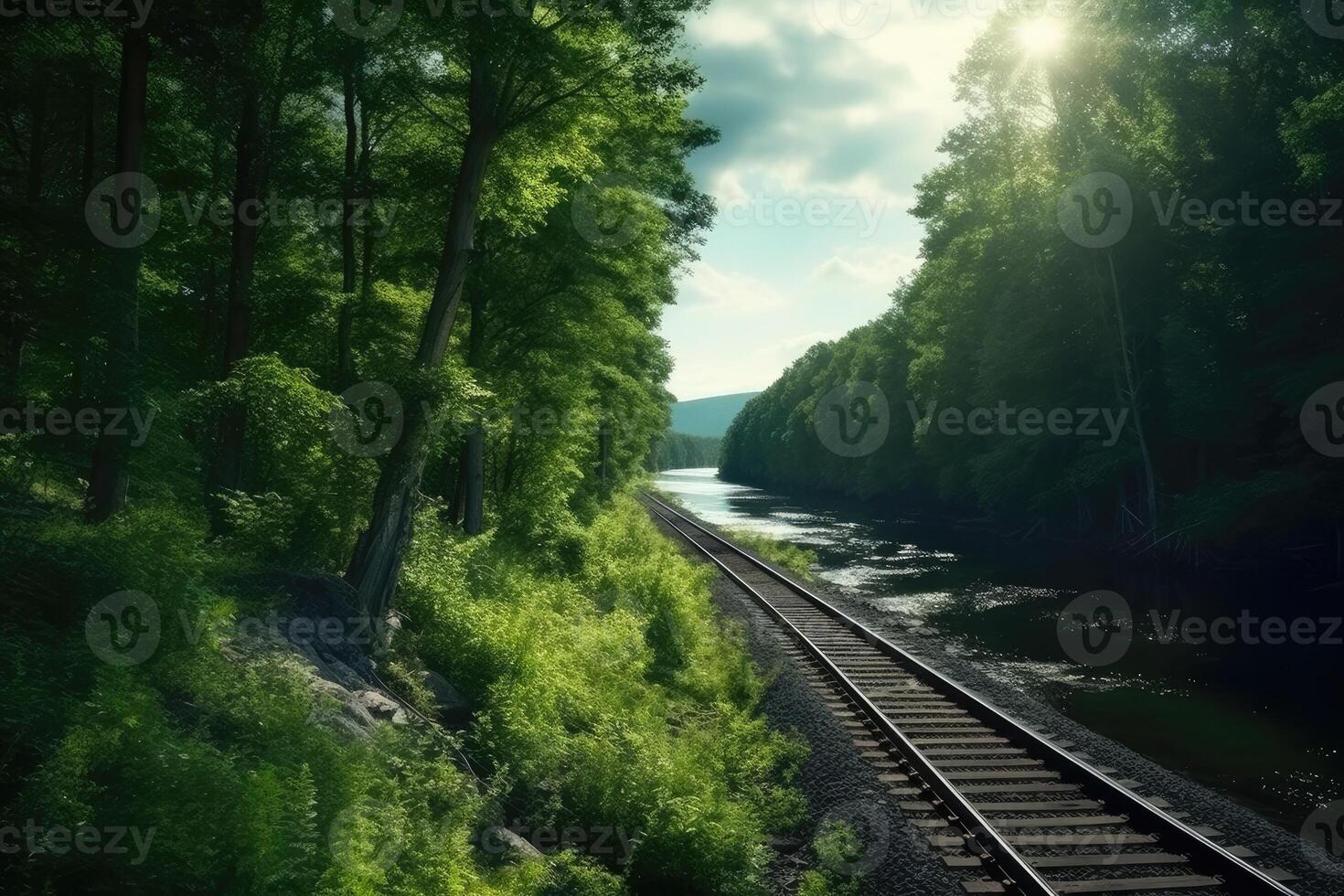 Railroad tracks in the forest and river. Landscape with railroad. photo