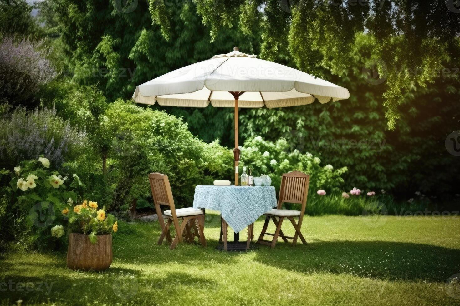 Cafe table with chair and parasol umbrella in the garden. Generative AI photo