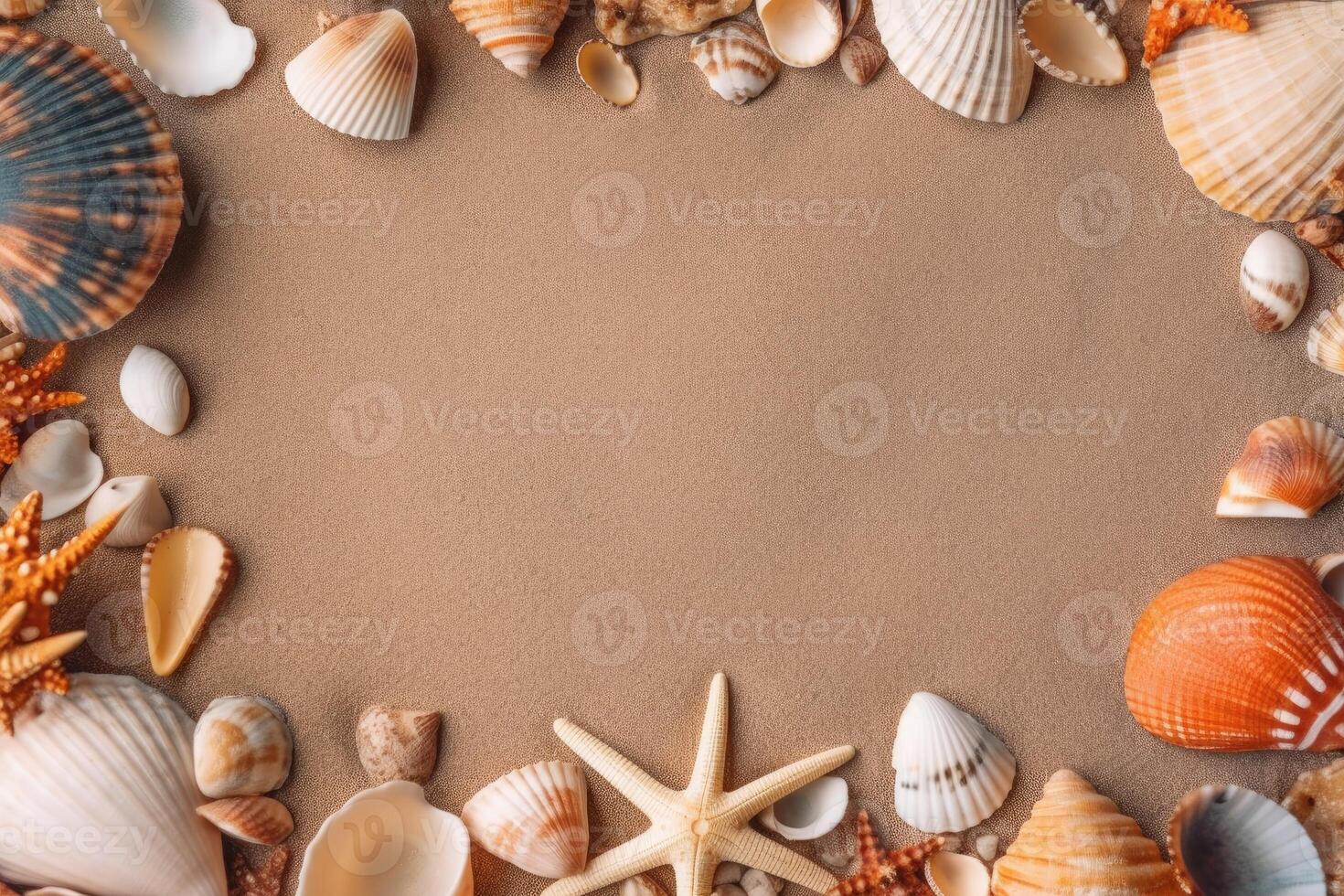 Shells on the sand. Space for text in the center. Generative AI photo