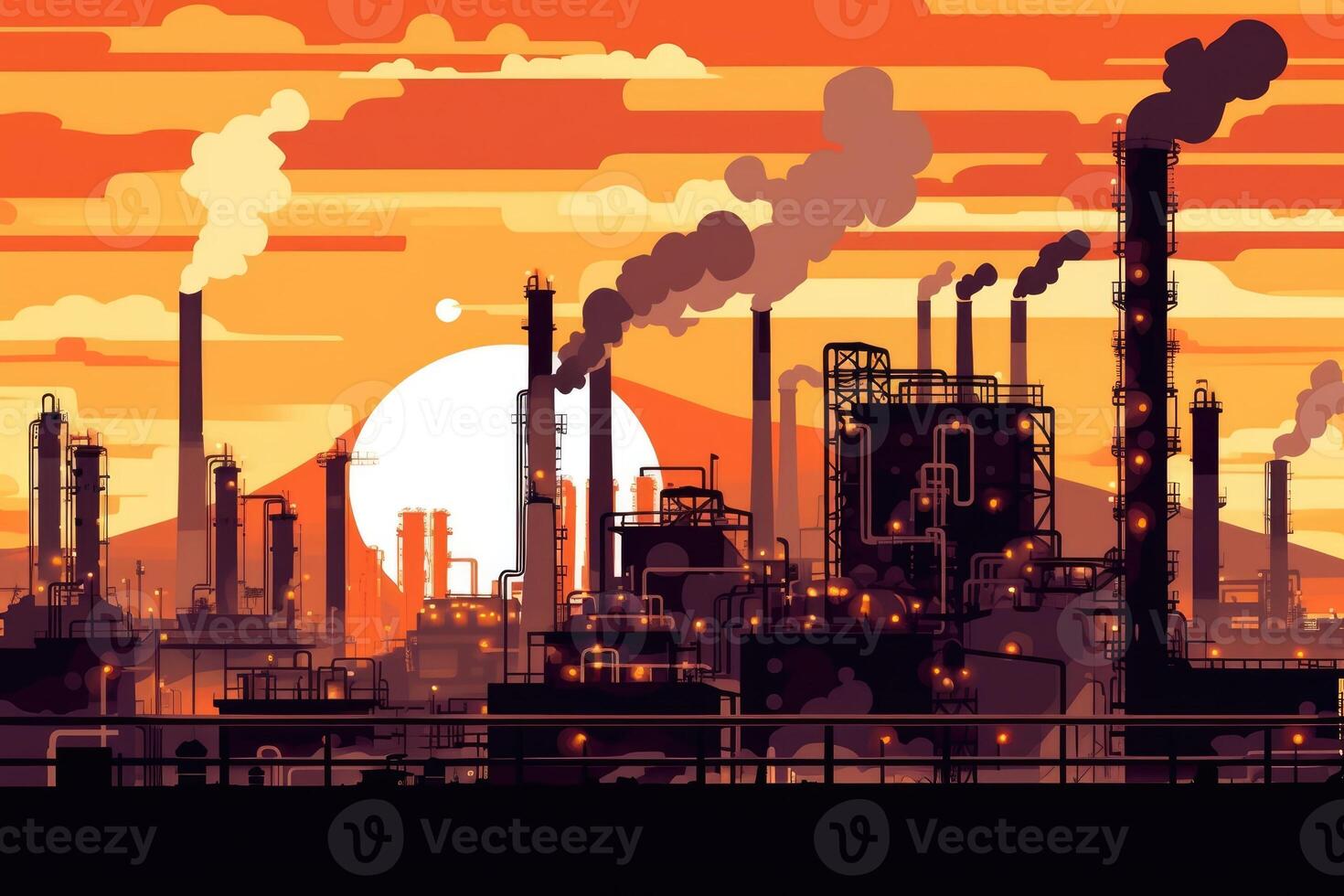 Industrial factories silhouette background. Emissions from factories. Generative AI. photo