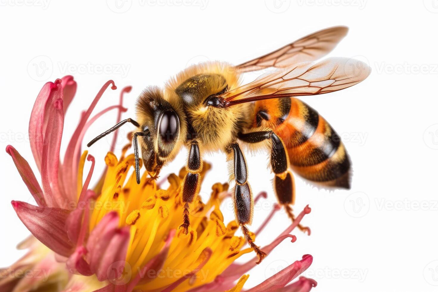 Honey bee sits on a flower and collects nectar. Close - up of a working insect. photo
