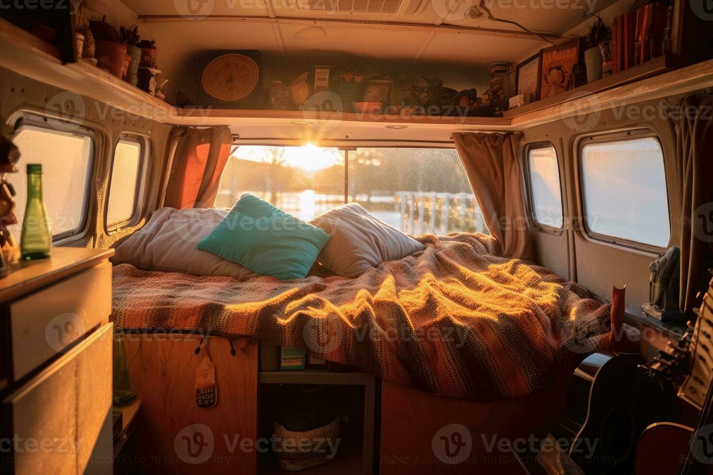 Cozy interior in the trailer of mobile home. Generative AI photo