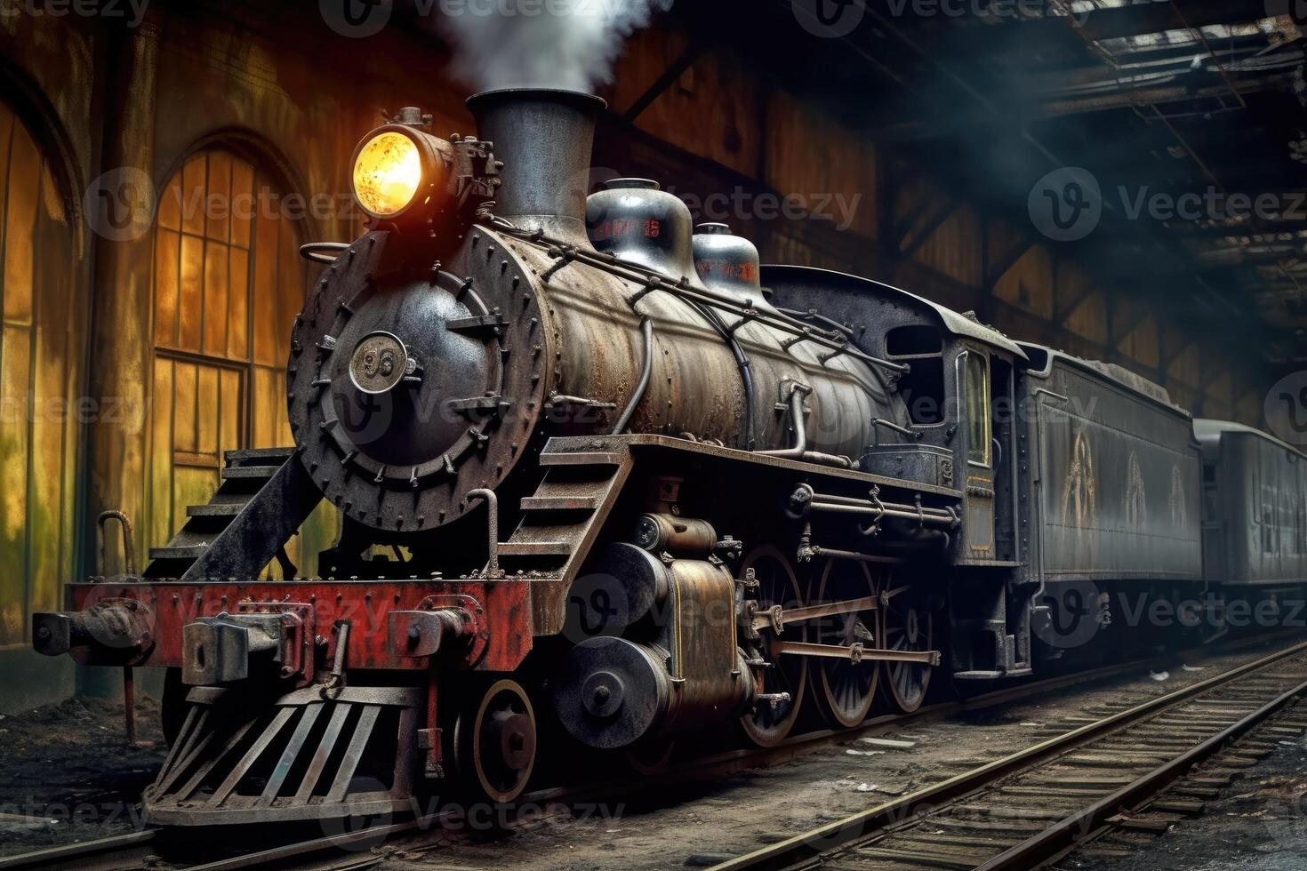 Retro steam train departs from the station. photo