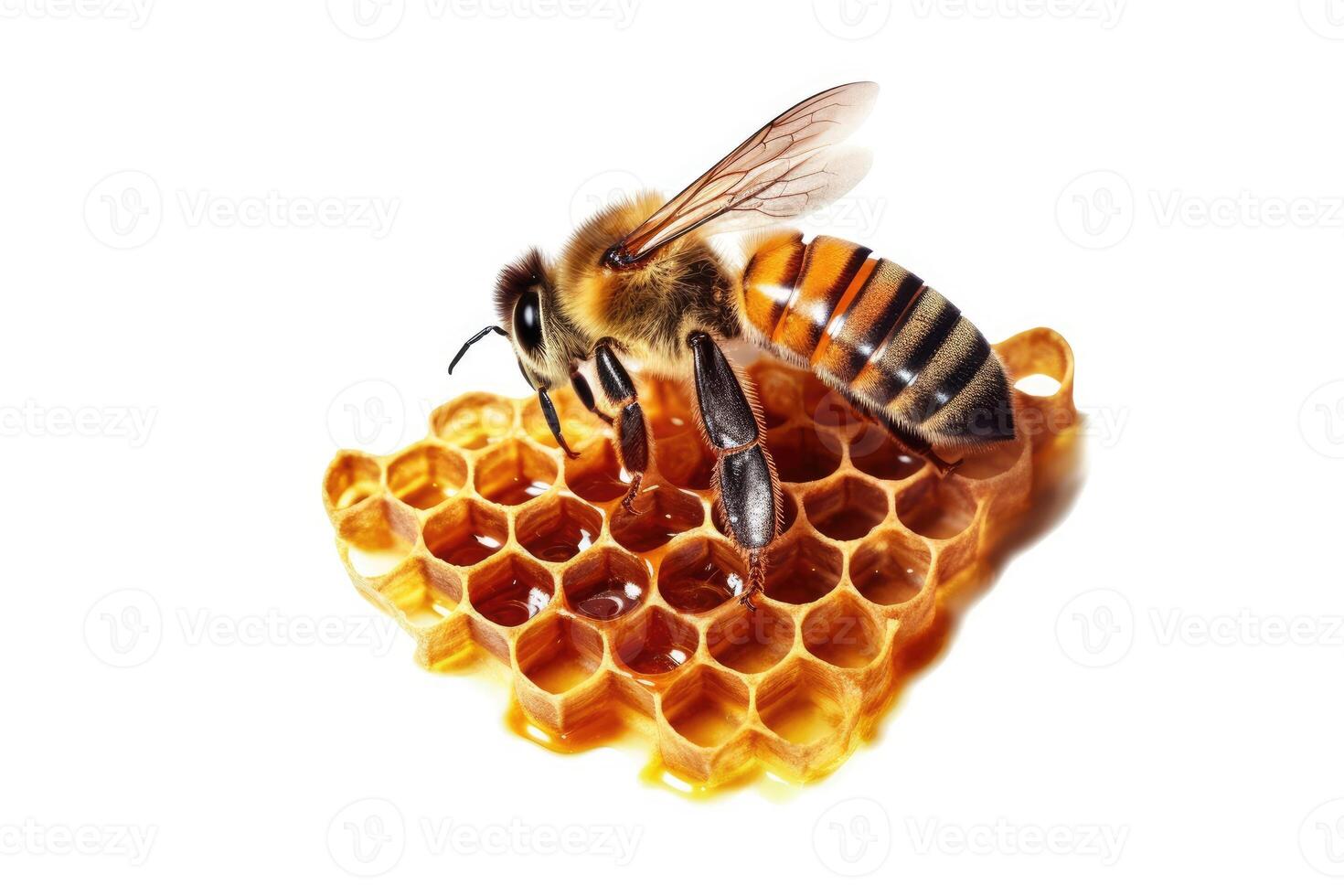 Close-up bee on honey comb with honey, isolated on transparent background cutout. photo