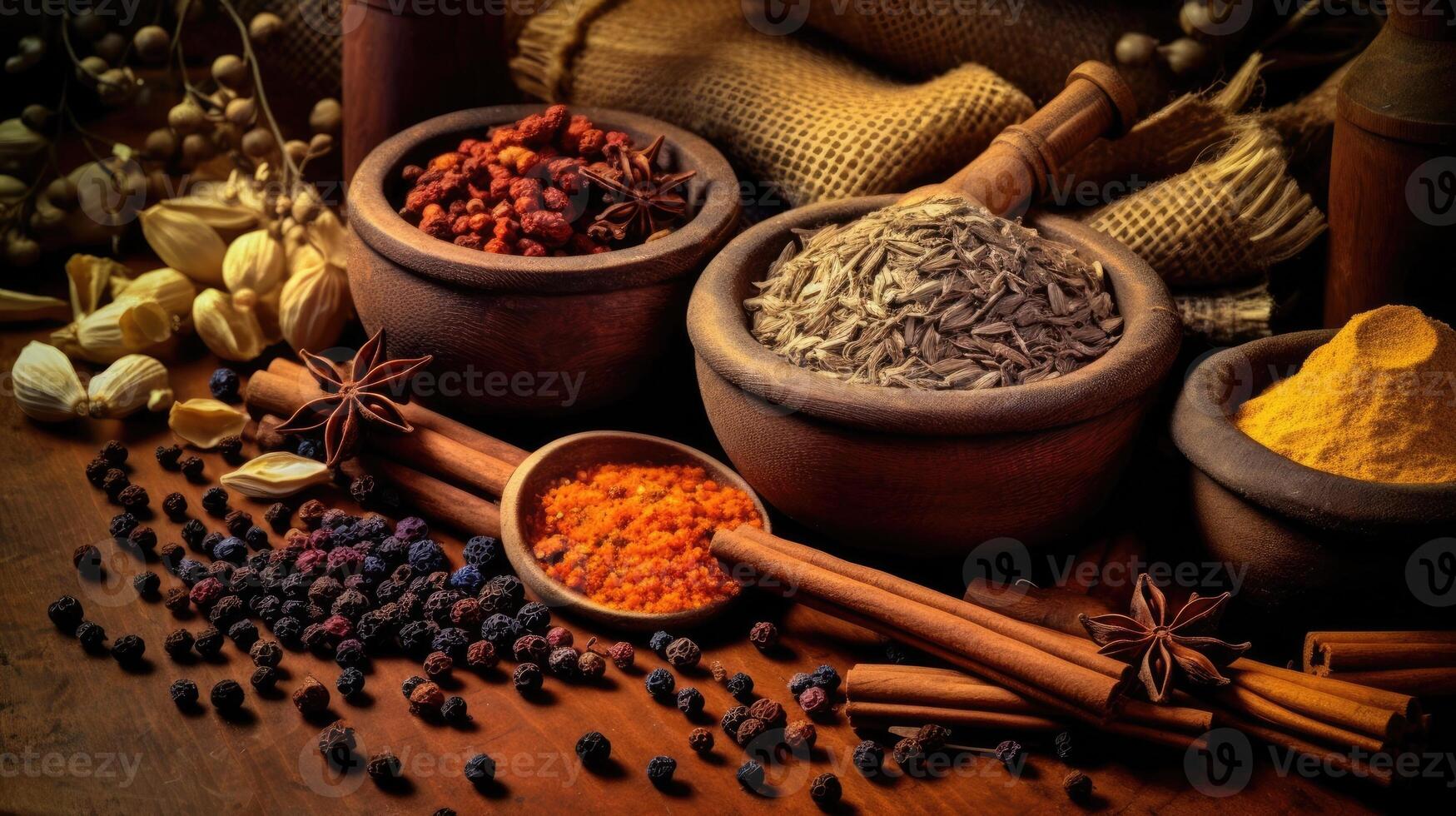 Spices and herbs banner background. Variety of spices. Generative AI photo