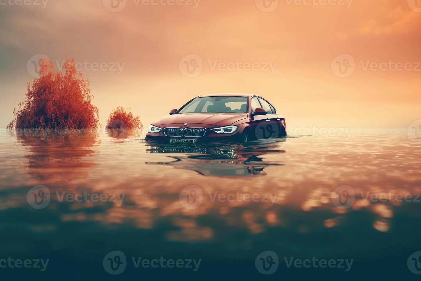 Car swamped in flood water. photo