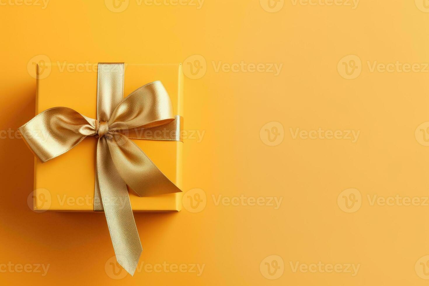 Bright yellow gift present box with ribbon on yellow background. Generative AI photo