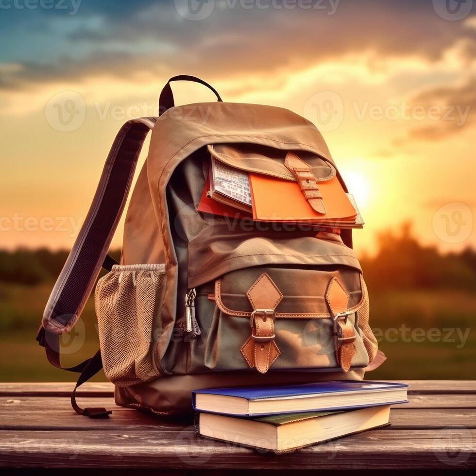 Backpack with books on wooden table over sunset sky background. Back to school concept. photo