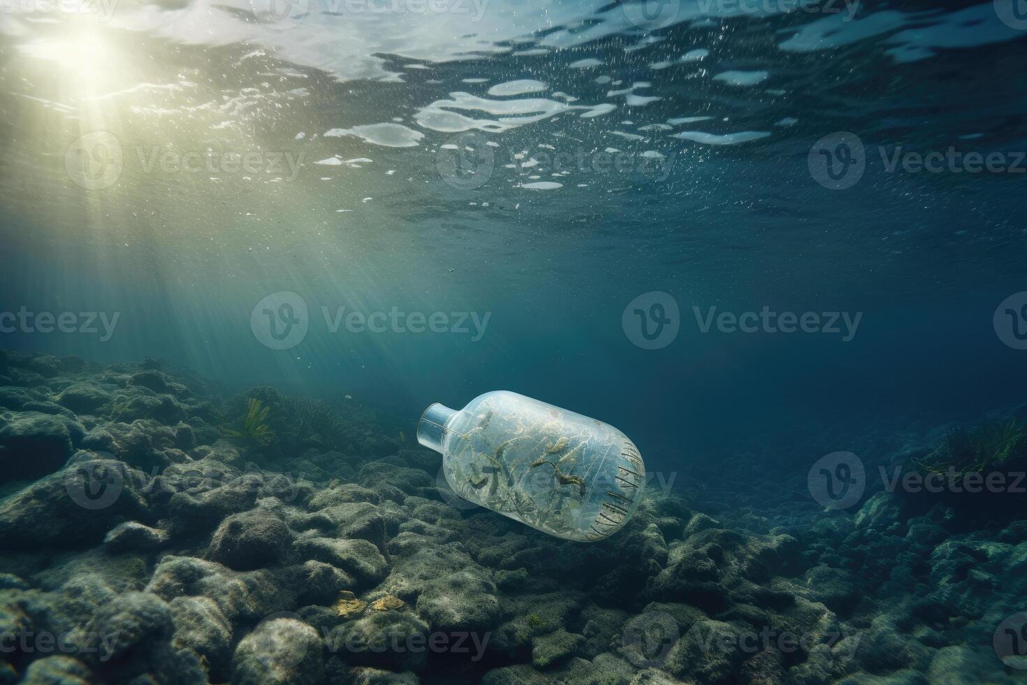 An empty plastic bottle floats in seawater contamination of the sea with waste. Generative ai photo