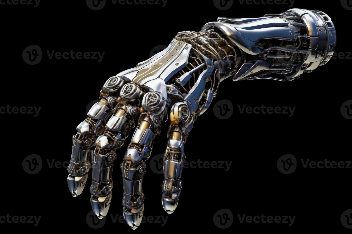 Robotic hand made of metal isolated on black background. photo