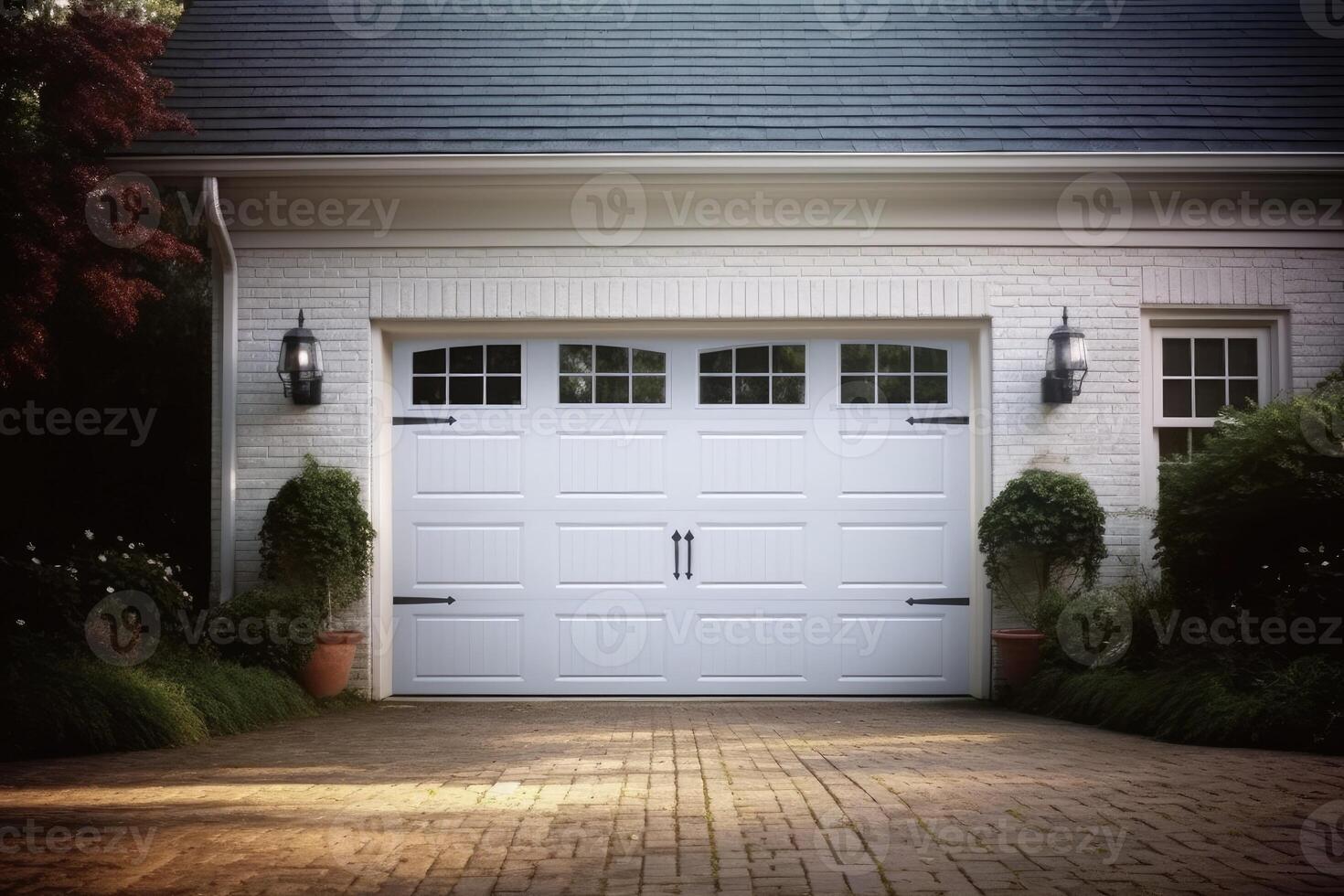 White garage door with a driveway in front. photo