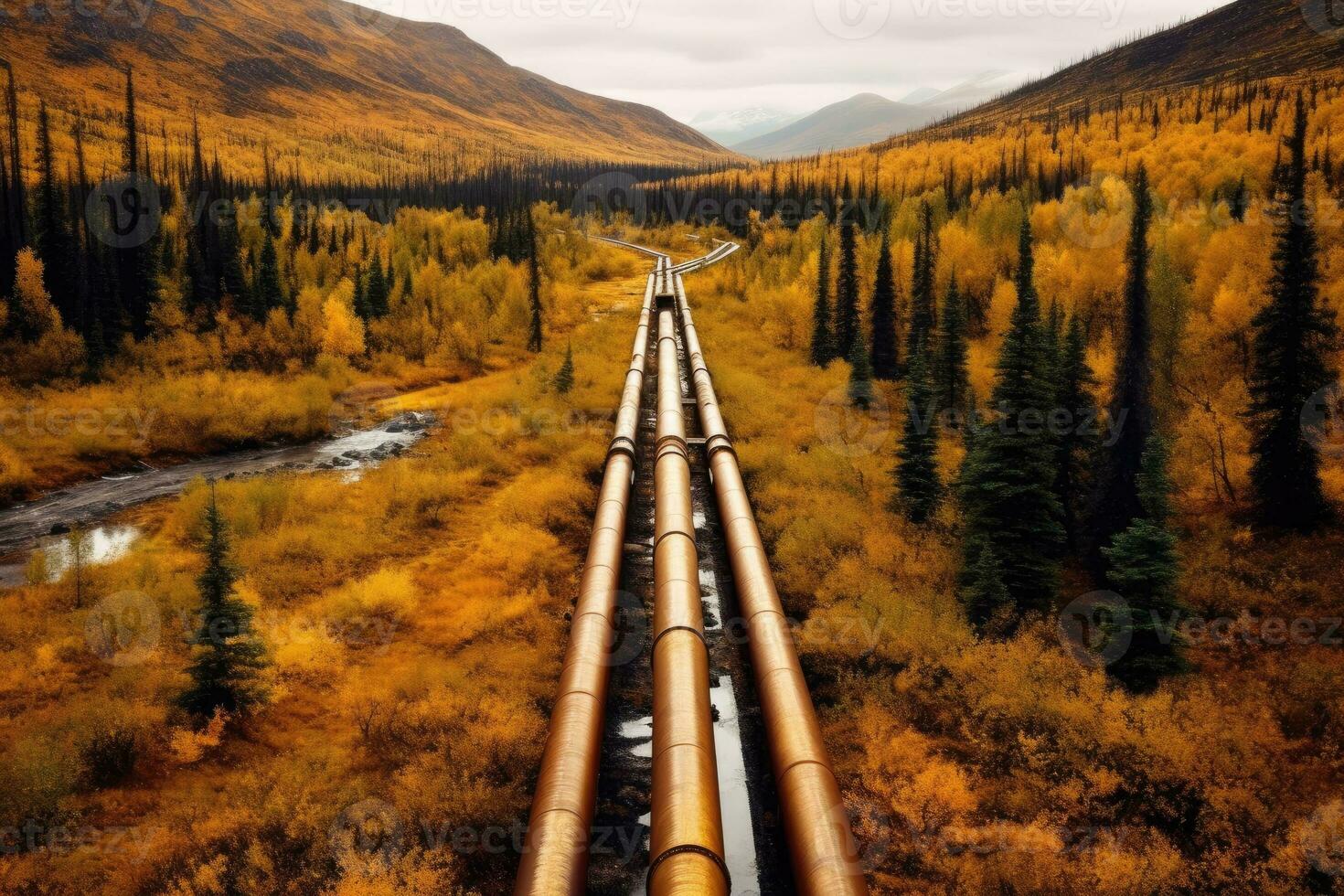 Oil pipelines through an remote terrain. Generative AI photo