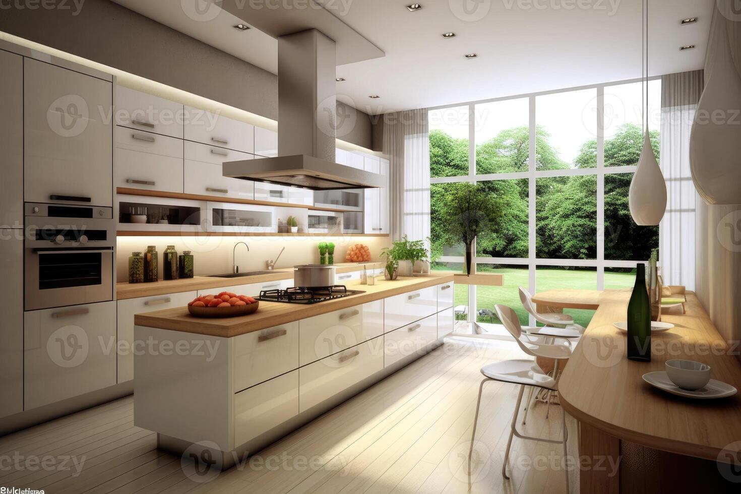 Luxury interior design of modern white kitchen. photo