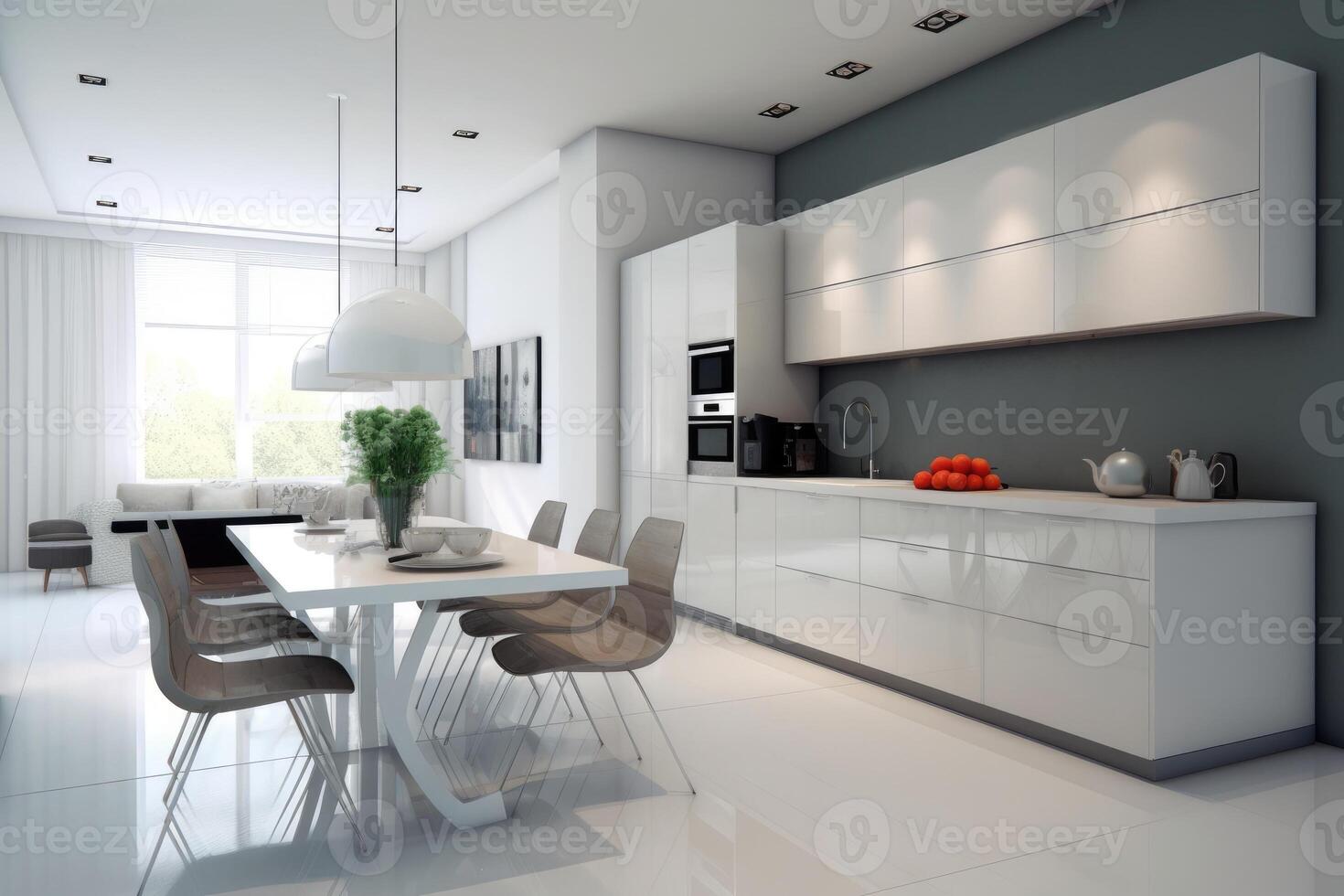 Luxury interior design of modern white kitchen. photo