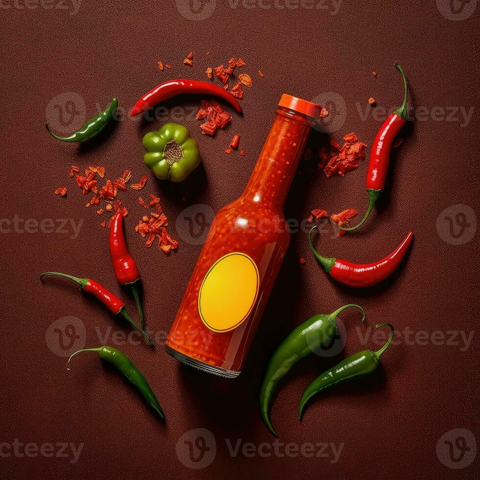 Bottle of spicy sauce with red hot chili pepper. Generative AI photo