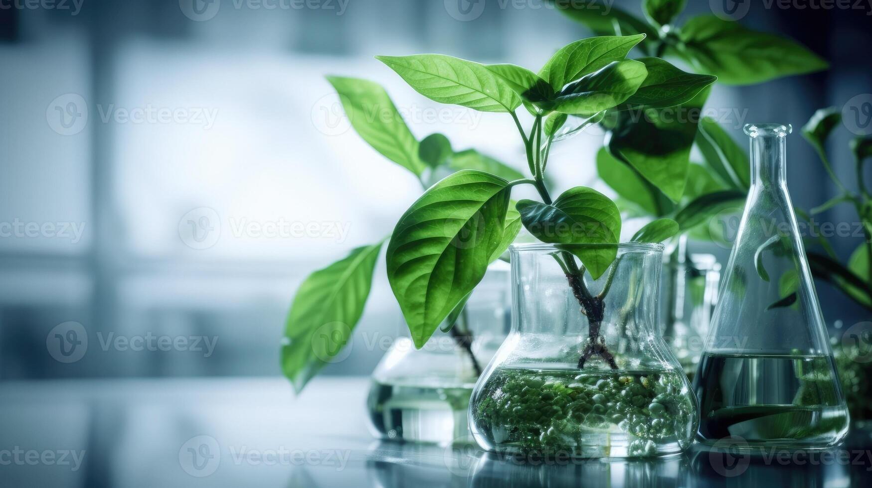 Many green plants in test tubes. Generative AI photo