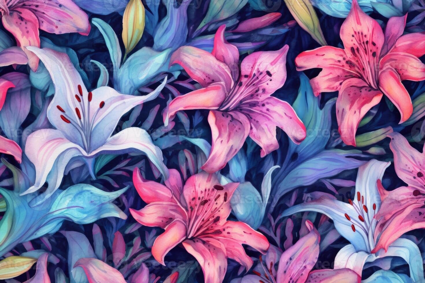 Watercolor pattern with flowers lilie, buds. photo