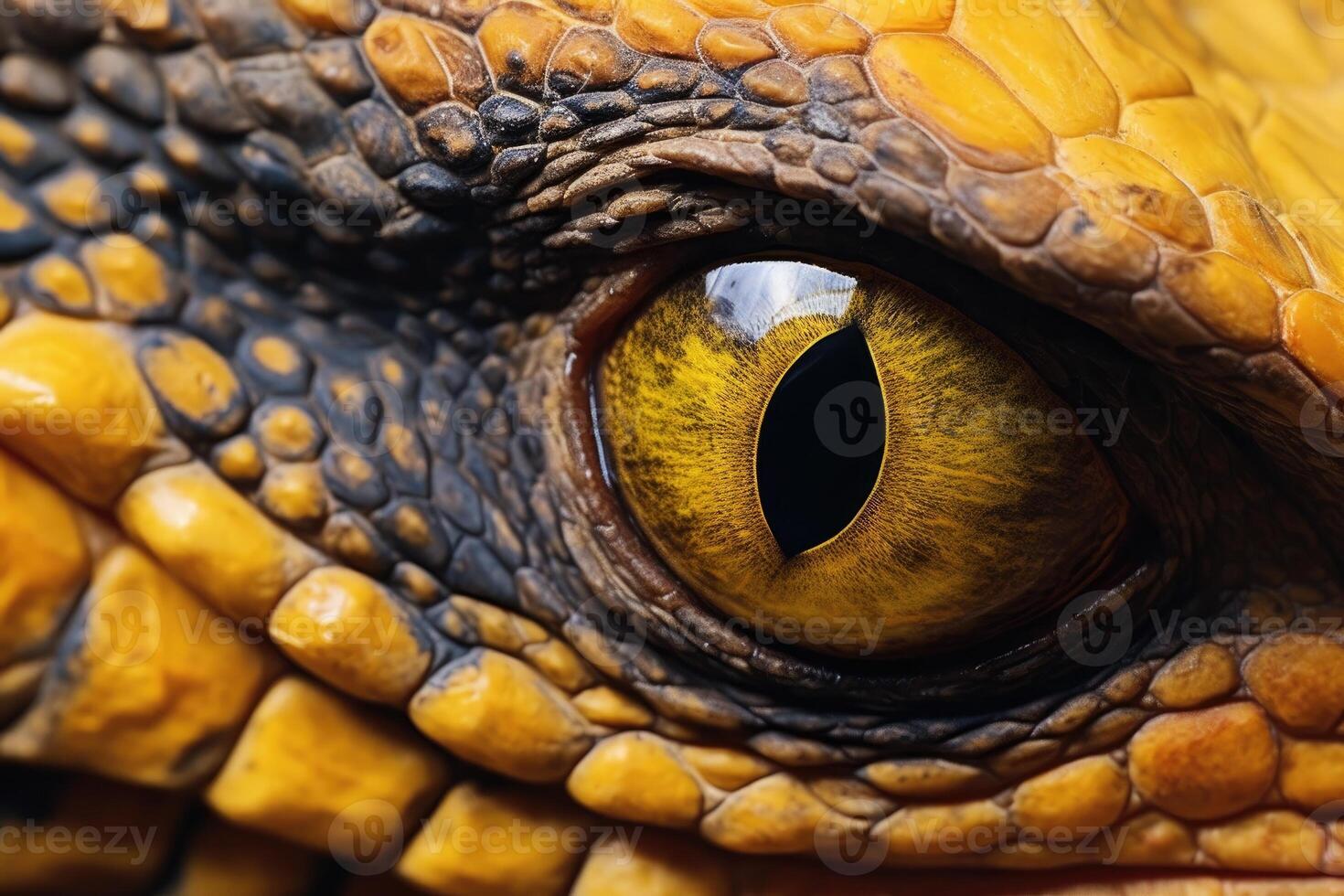 Close up of the yellow eye of a scaly reptile. photo