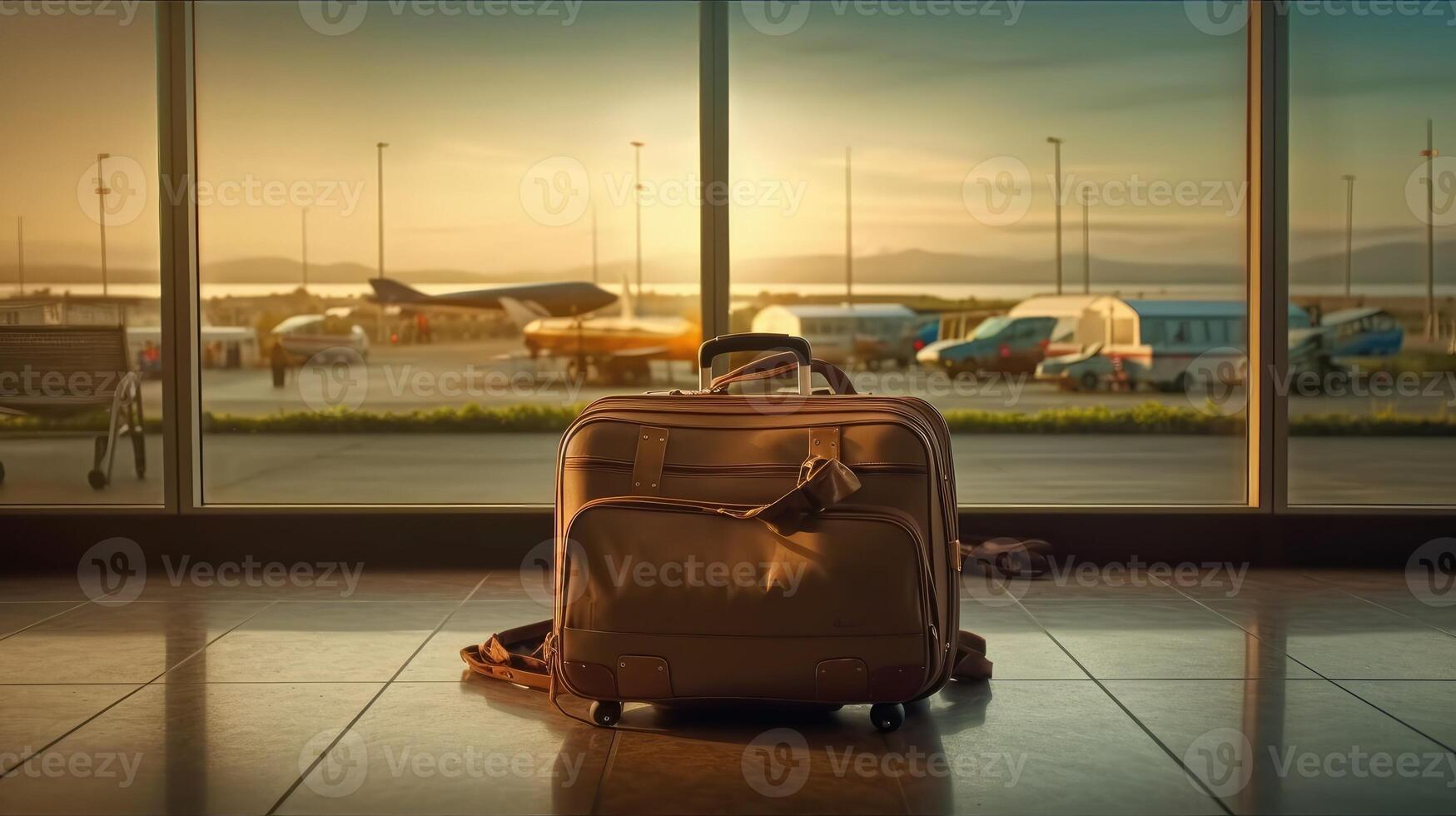 maletas en aeropuerto, aeropuerto sala, aviones en el antecedentes. generativo ai foto