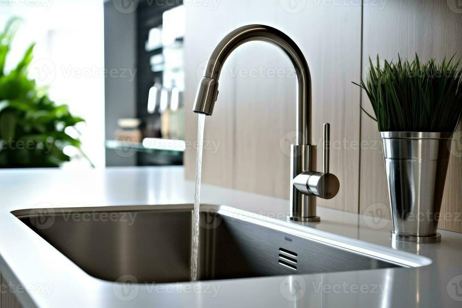 Modern tap faucet and sink on new kitchen. Generative A photo