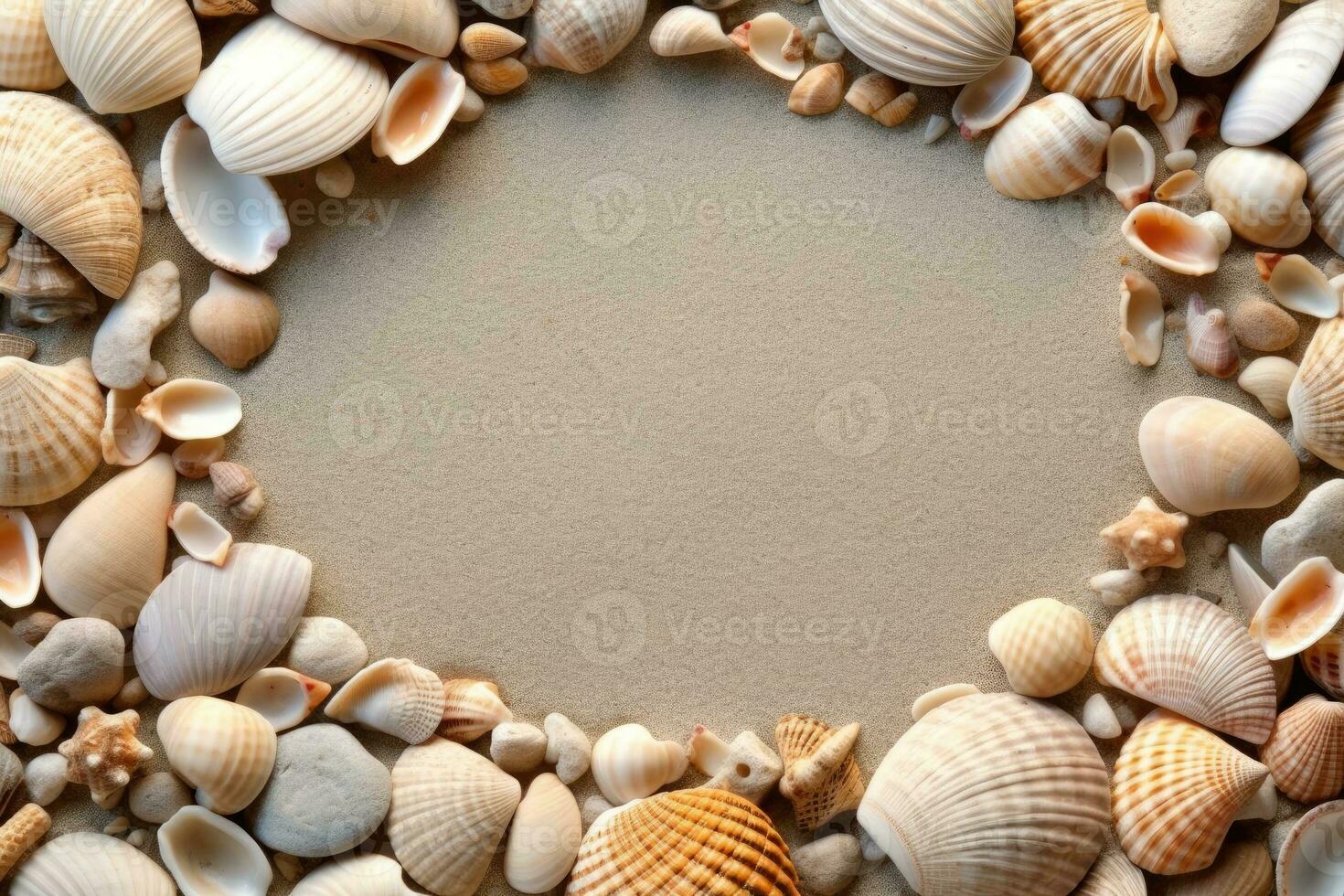 Shells on the sand. Space for text in the center. Generative AI photo