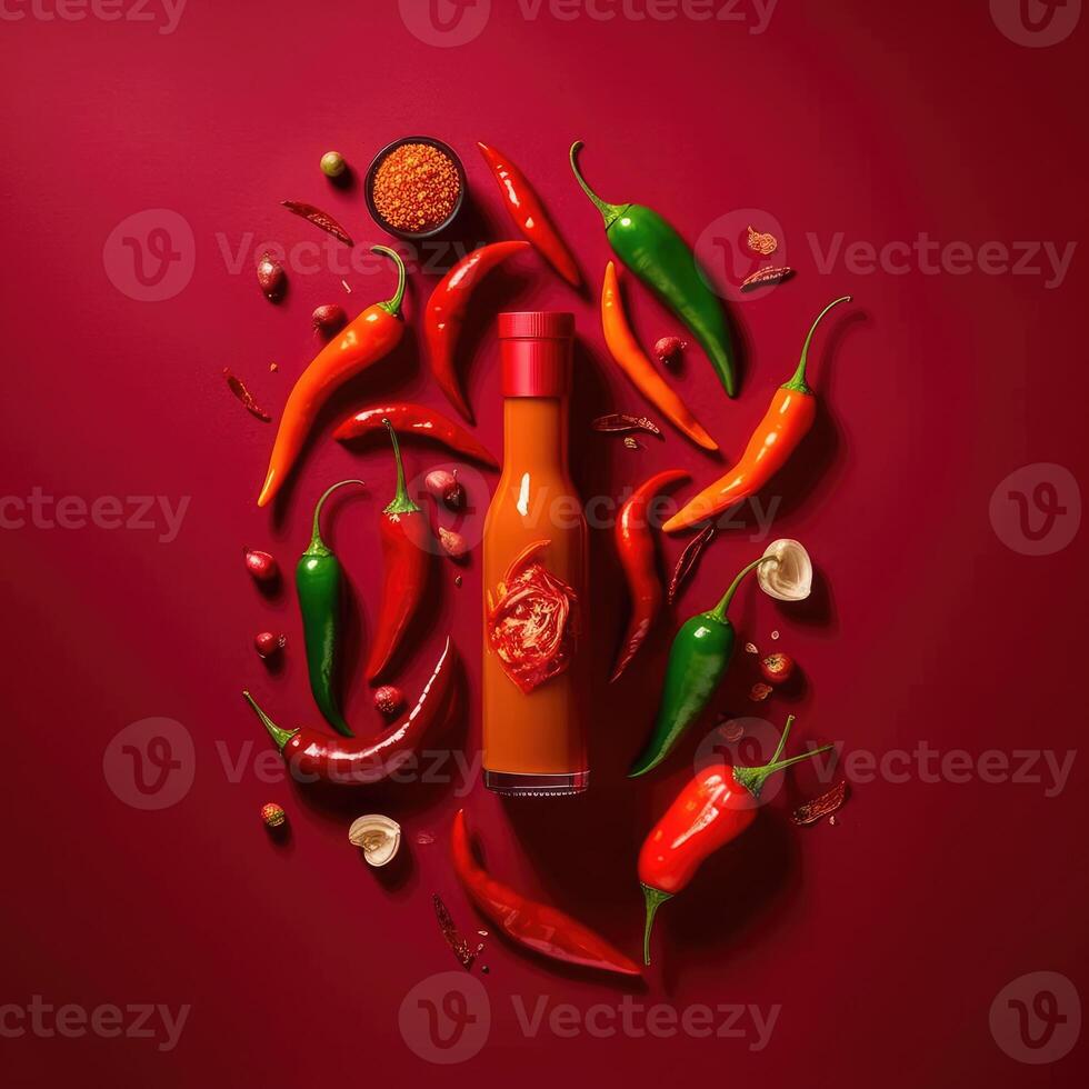 Bottle of spicy sauce with red hot chili pepper. Generative AI photo