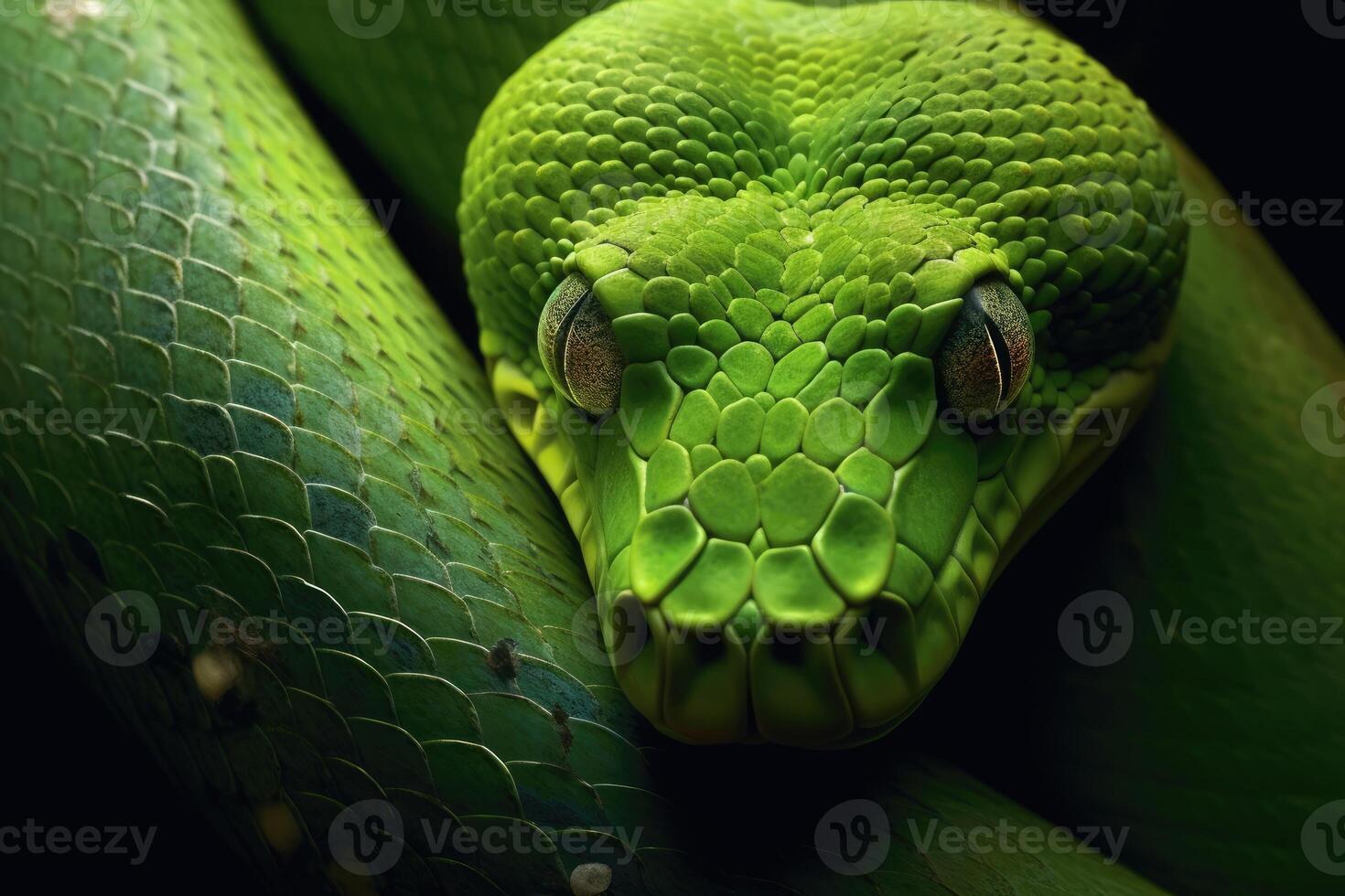 Close-up view of a green snake. Generative AI photo