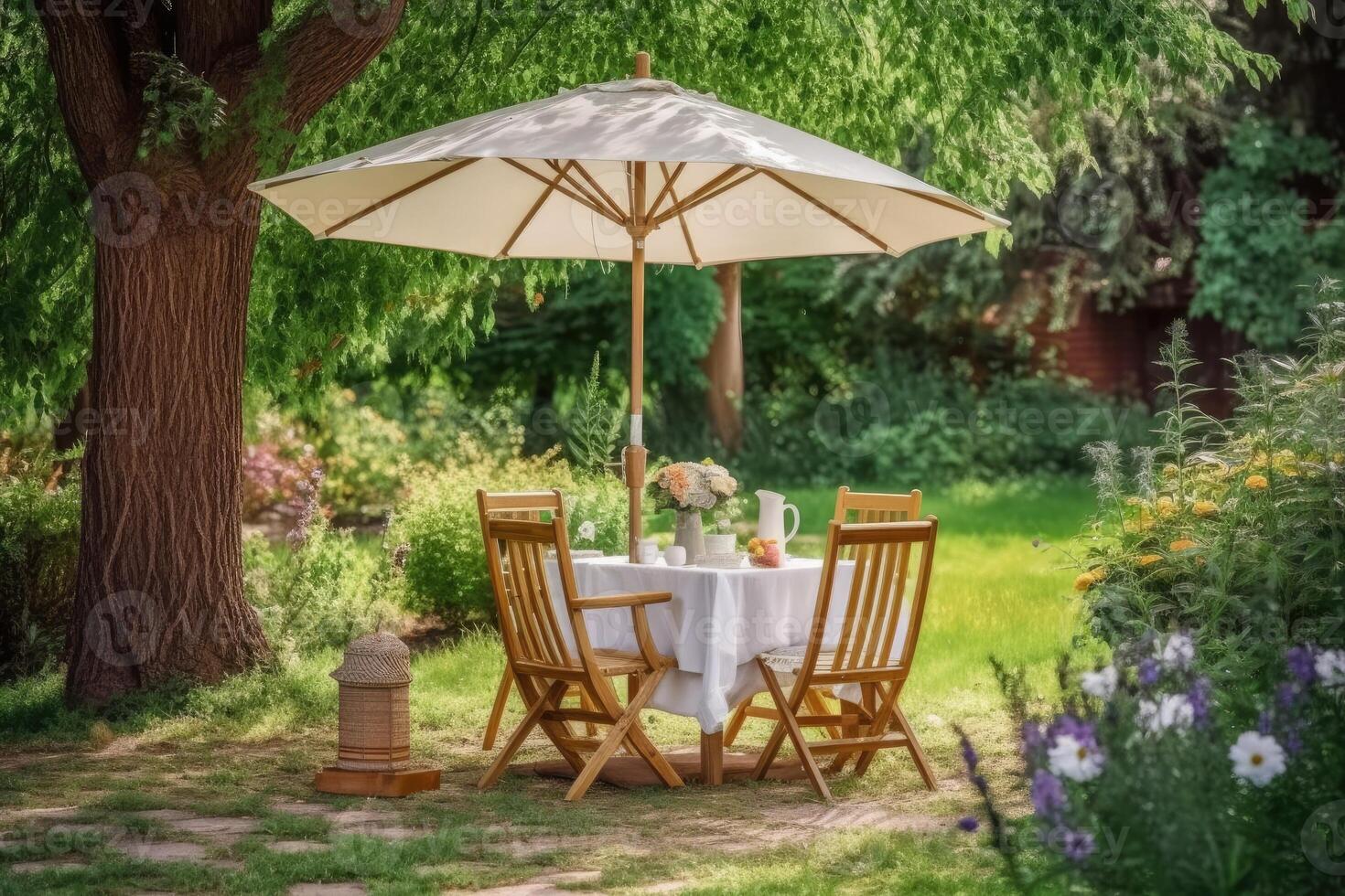 café mesa con silla y sombrilla paraguas en el jardín. generativo ai foto