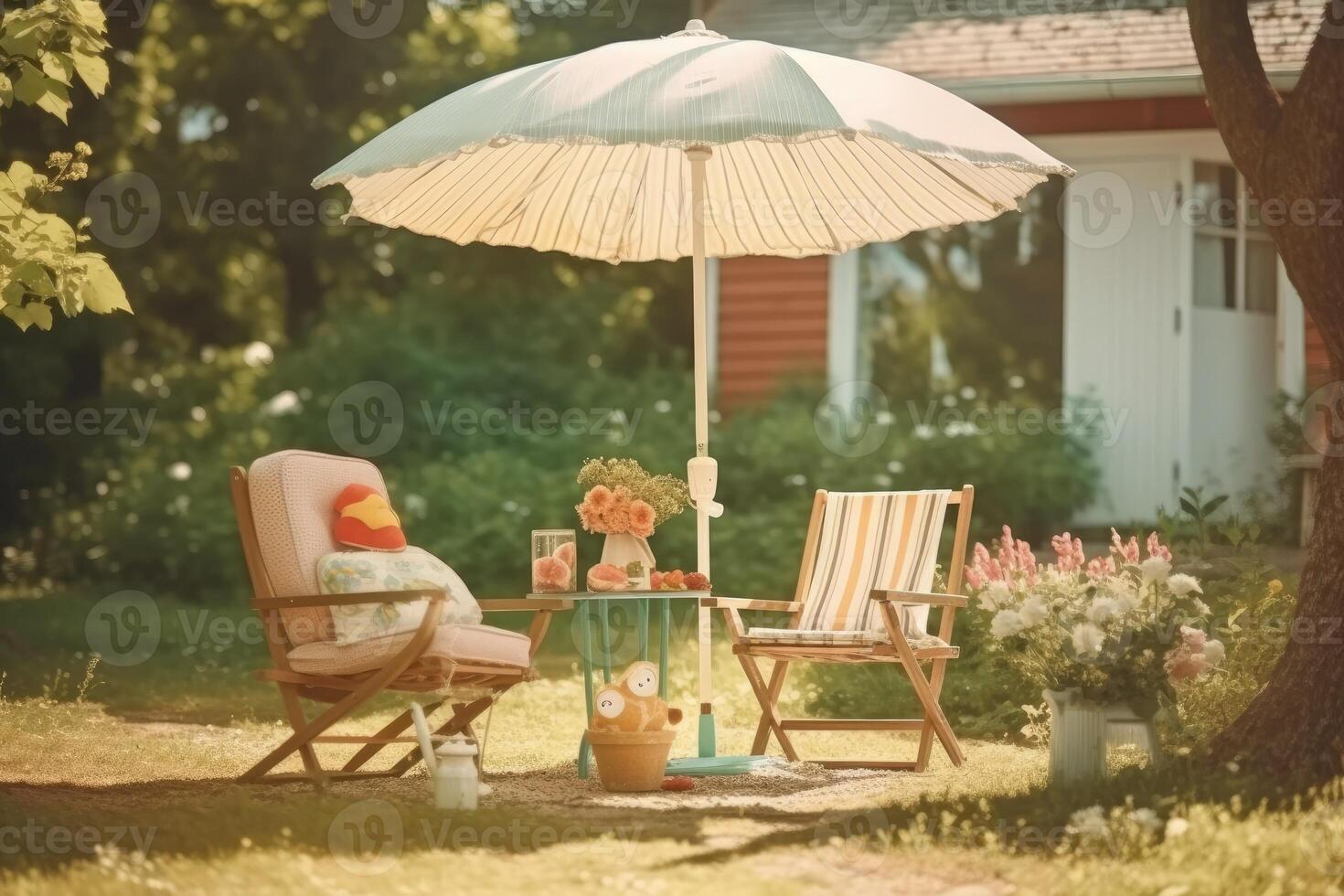 Cafe table with chair and parasol umbrella in the garden. photo