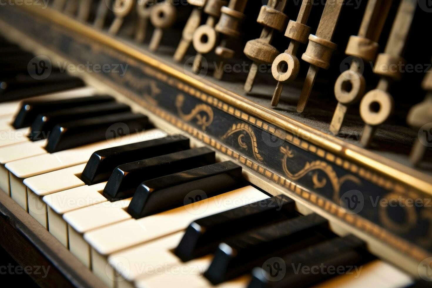 Close-up of vintage piano keys. Generative AI photo