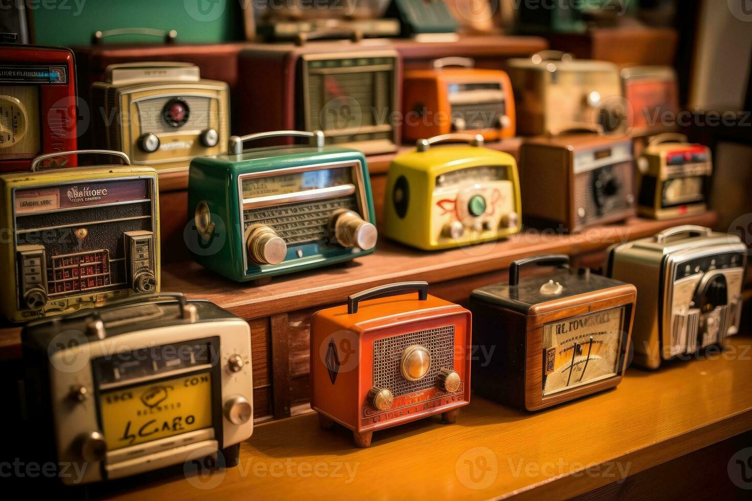 un variedad de Clásico mesa parte superior retro radios generativo ai foto