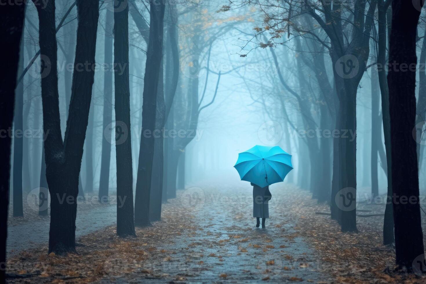 Woman under blue umbrella walks in the park on a foggy day. photo
