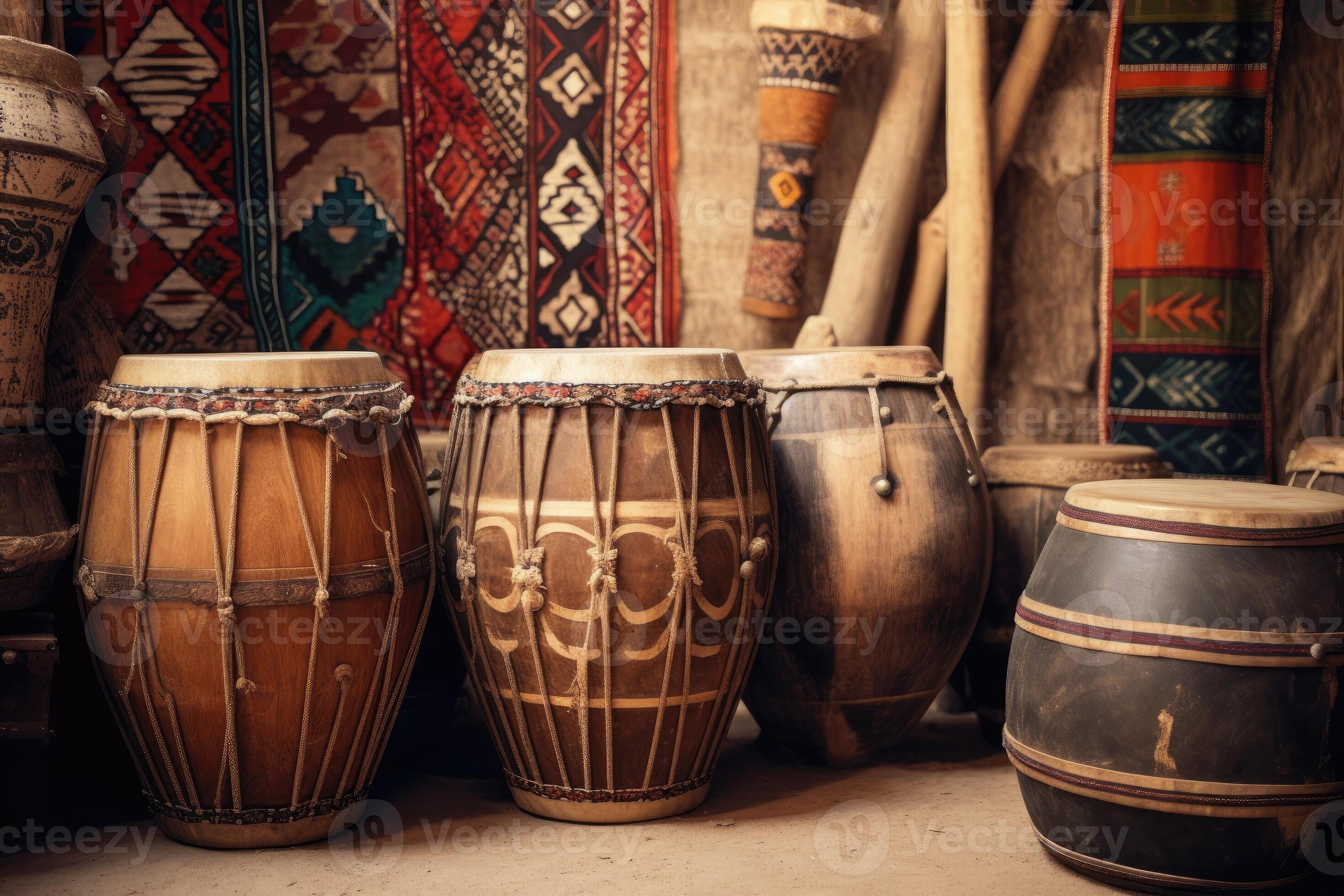 Collection of ancient vintage wooden drums. Oriental musical