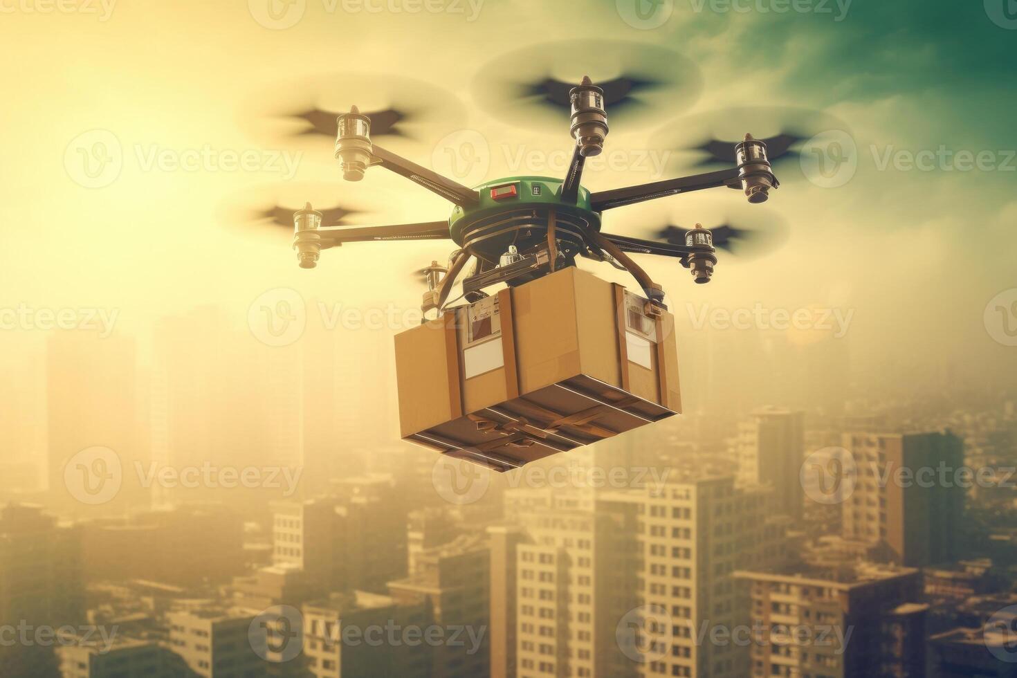 A drone carrying a package ready for delivery. photo