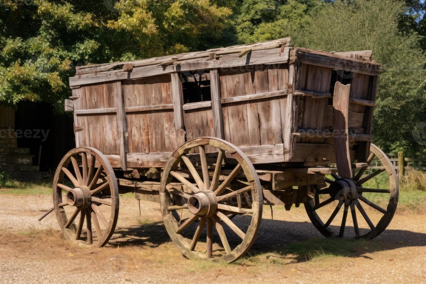 Old wooden rural wagon. Generative AI photo