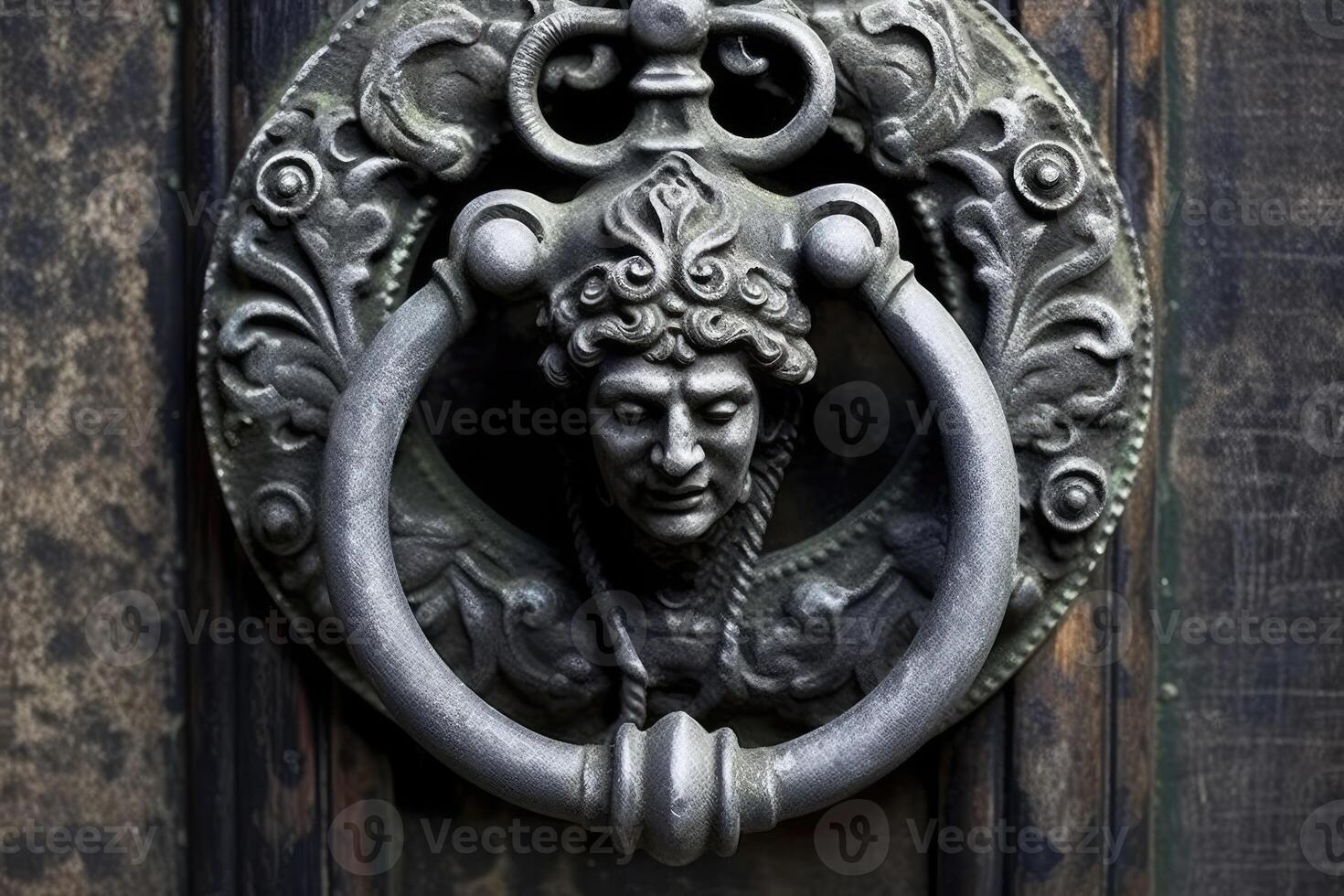 Vintage old metal wrought iron door knocker. Generative AI photo