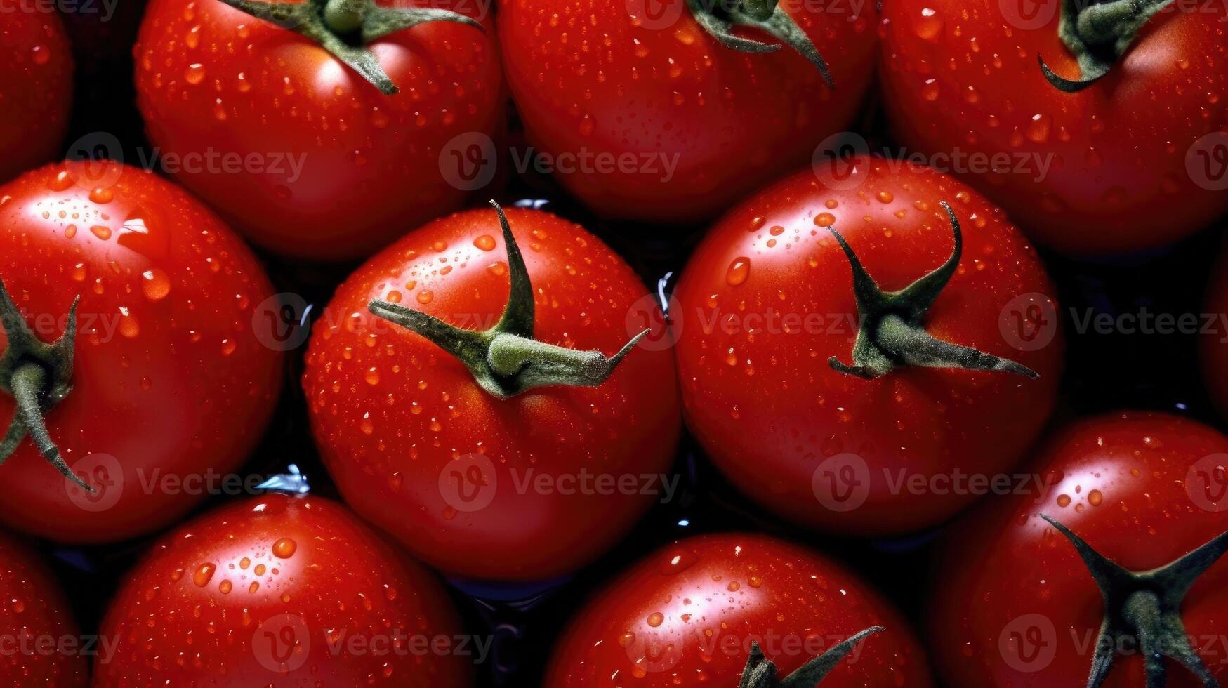 Perfect fresh red wet tomatoes with tomato on background. Generative AI photo