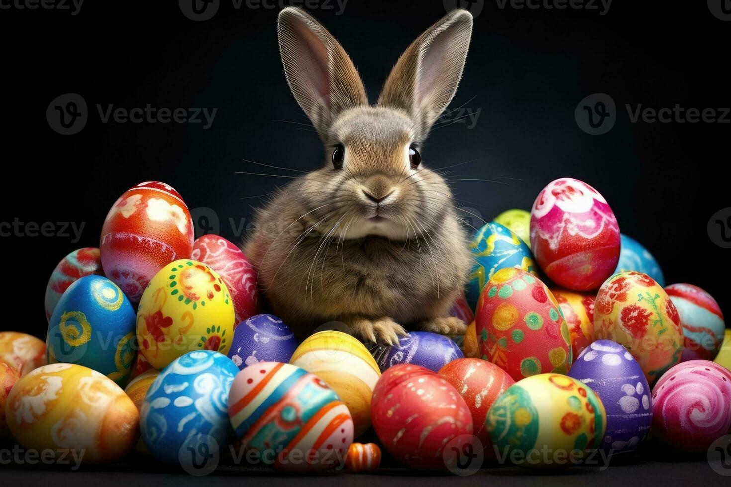 a rabbit sitting in a pile of colored eggs. Generative AI photo