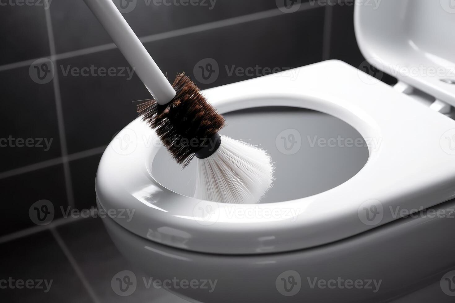 View of cleaning white ceramic toilet bowl with a brush. Generative AI photo