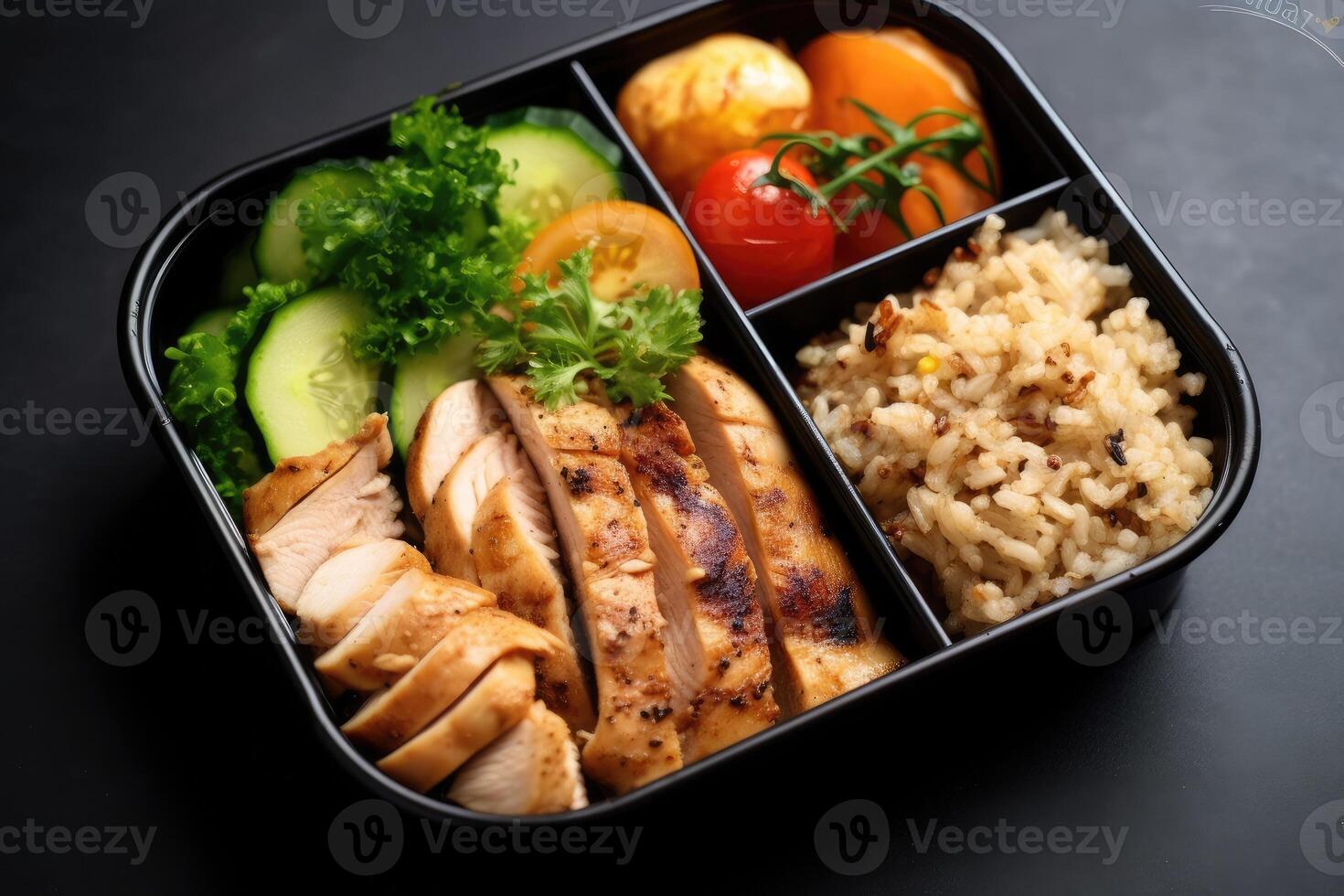 Meal prep containers with healthy lunch to go for work or school with grilled chicken, rice and vegetables. photo