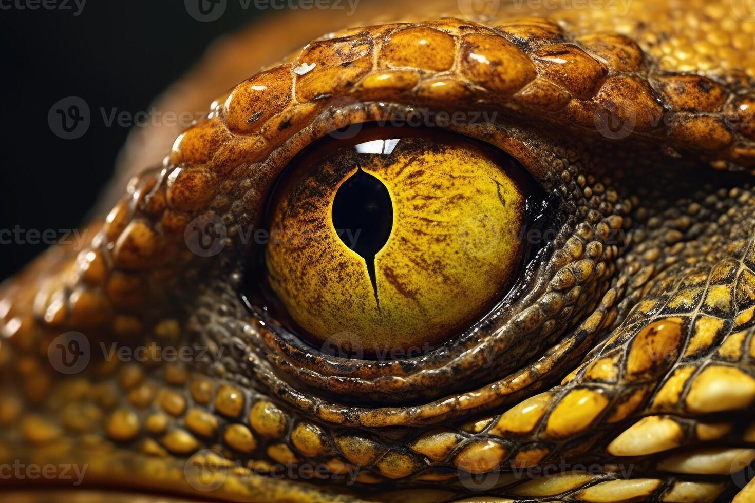 Close up of the yellow eye of a scaly reptile. photo
