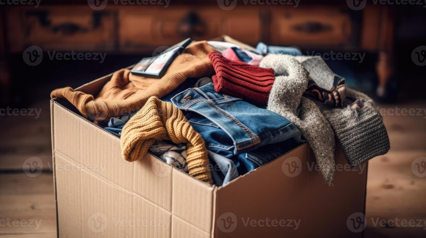 pasado de moda ropa para reciclar en caja. generativo ai foto