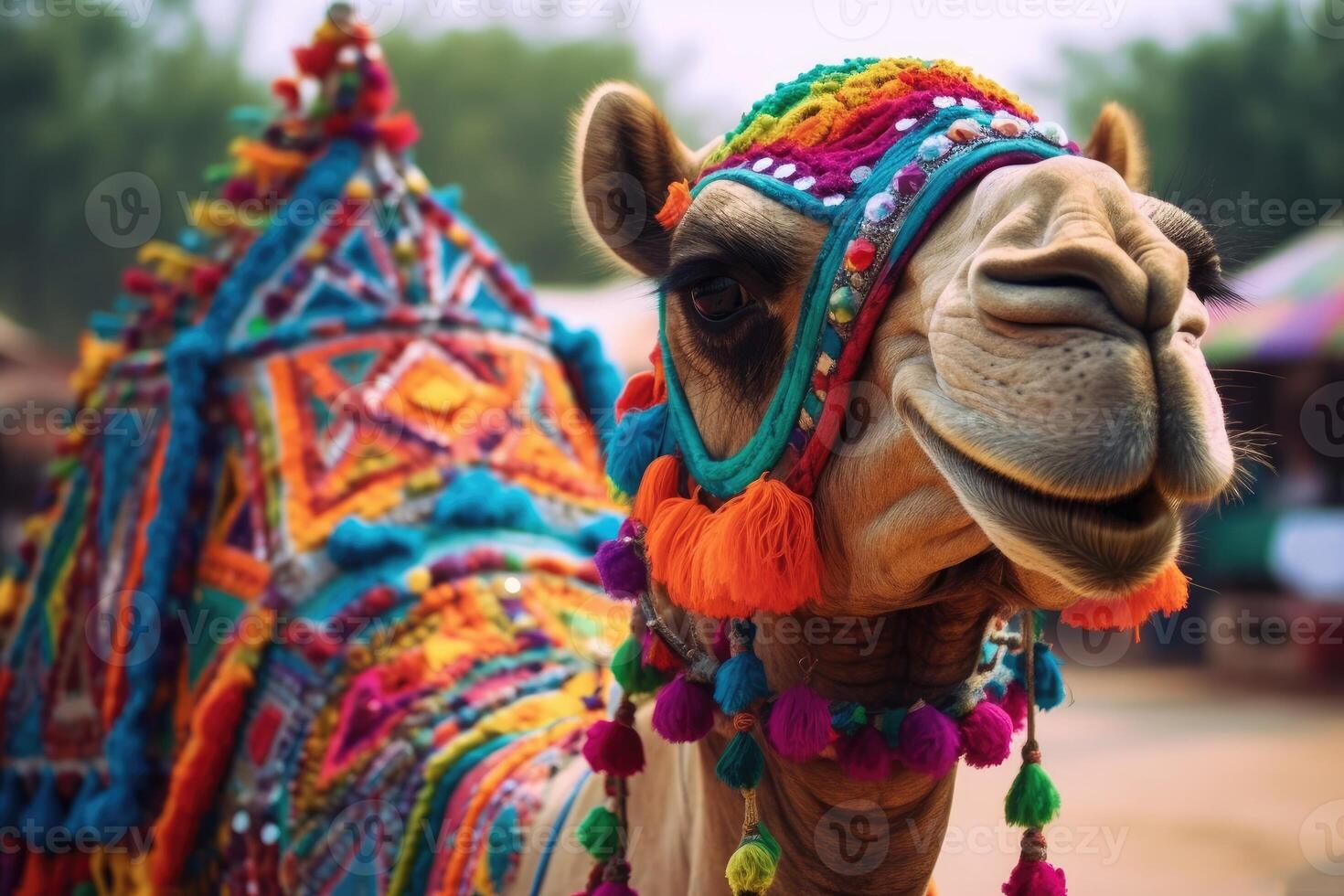Beautiful decorated camel smiling. photo