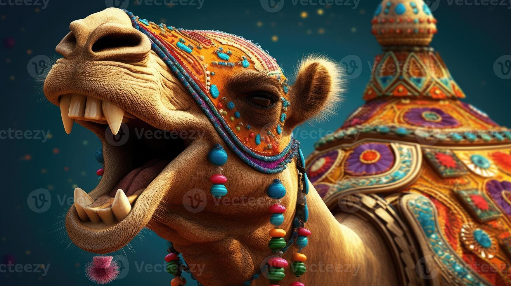 Beautiful decorated camel smiling. photo