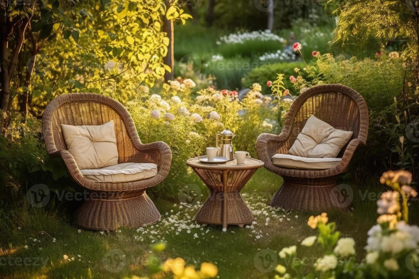 Wicker furniture chairs and a table. photo