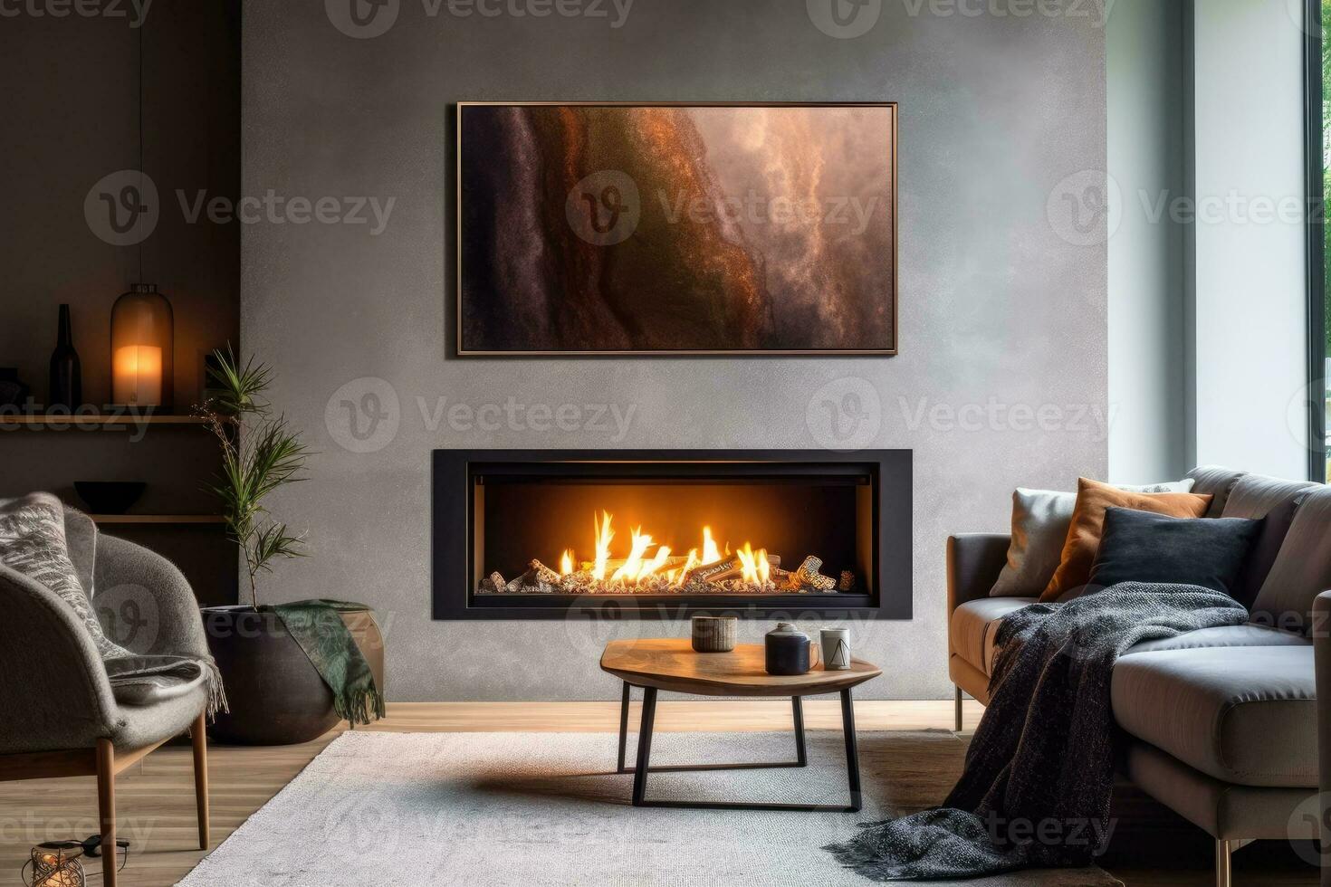 Room with fireplace and roaring fire. Generative AI photo