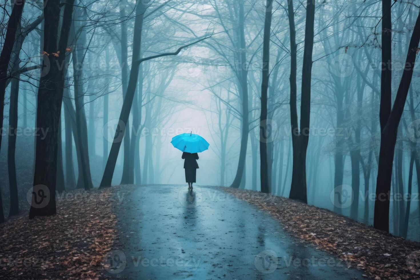 Woman under blue umbrella walks in the park on a foggy day. photo