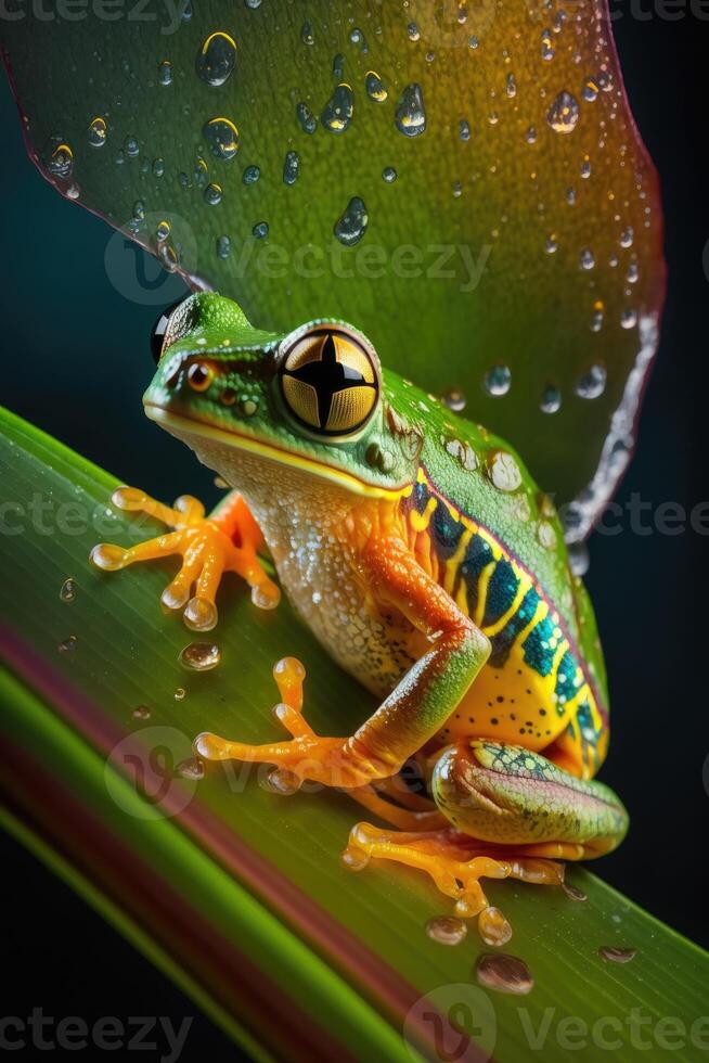 Beautifully colored tropical frog in the jungle on a leaf. Generative AI photo