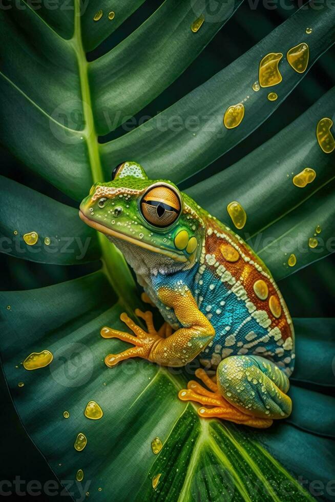 Beautifully colored tropical frog in the jungle on a leaf. Generative AI photo