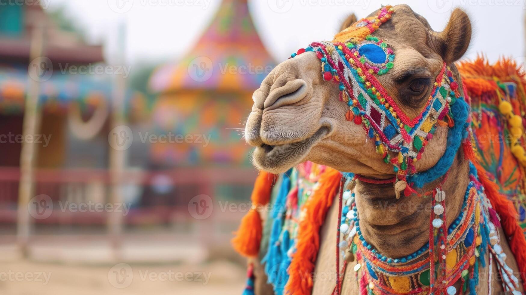 Beautiful decorated camel smiling. photo